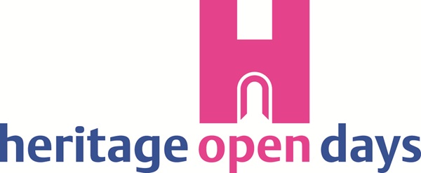 Heritage open days logo in blue and pink.
