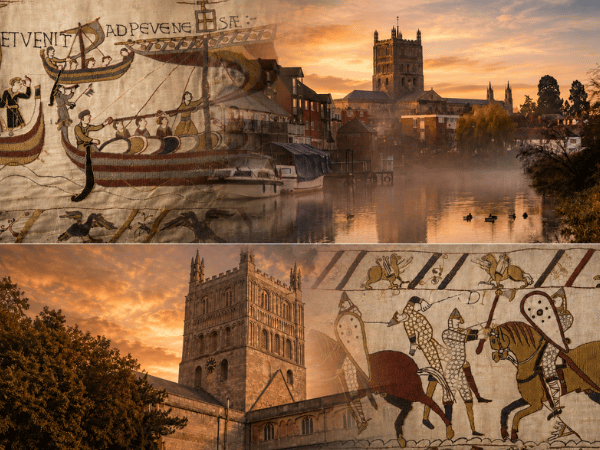 Trio of photographs:<br />
A view over the Nave from the top of the tower.<br />
The Abbey Nave ceiling reflected in the viewing mirror.<br />
View of the Abbey Grounds with Trees and Tombs.